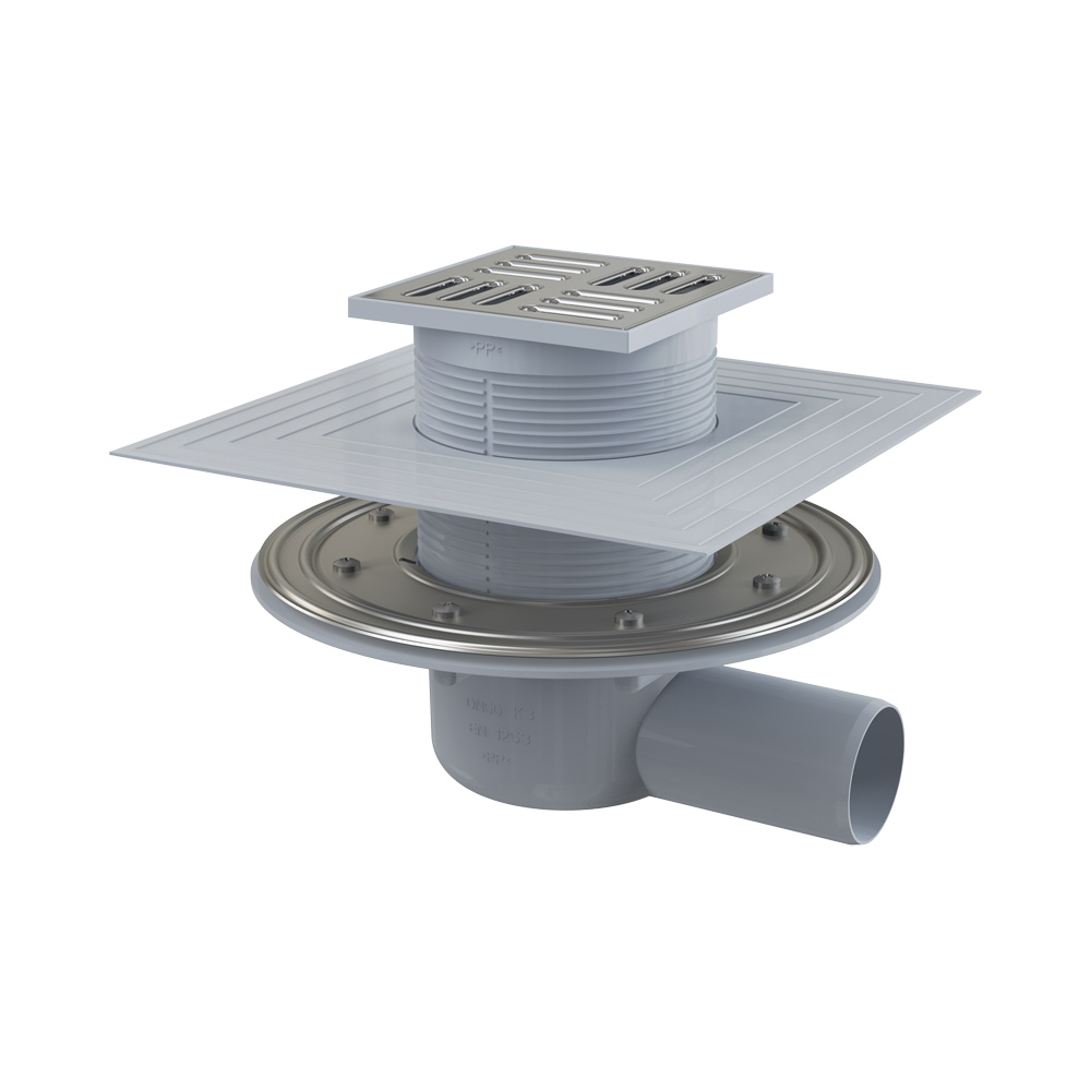 Трап 105*105/50 мм боковая подводка, решетка из нержав. стали, мокр.и сух. гидрозатвор (APV1324)*