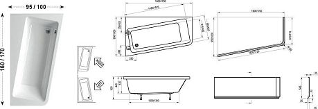 Ванна RAVAK 10° R[170*100] правая,с опорой, сл/перел., панель, крепл. (C821000000,CY8100000,X01305)*