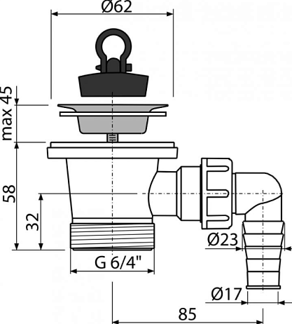 Выпуск A31P 6/4" с нержавеющий решеткой D-63 мм, с подводкой для подключения бытовой техники*
