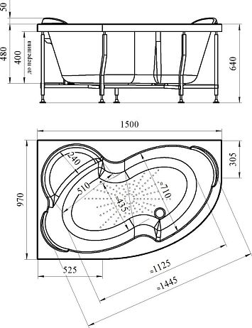 Ванна ИРМА 2 [150*97] правая, фронтальная панель,полотенцедержатель, каркас, слив-перелив хром