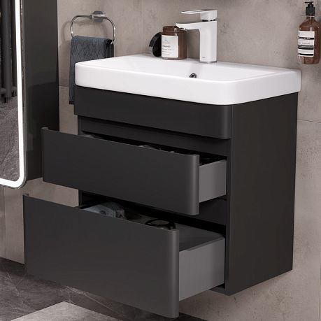 Тумба EQUIL ELTORO 60 подвесная, черная Soft touch с умывальником NICE 60