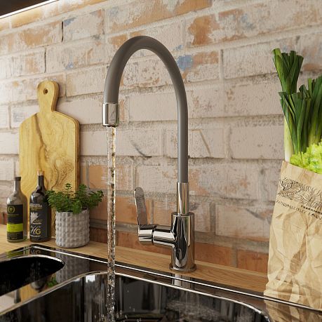 Смеситель KITCHEN для кухни с высоким гибким изливом AV9002G, серый AVRORA