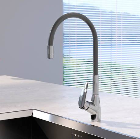 Смеситель KITCHEN для кухни с высоким гибким изливом AV9007G, хром, излив серый