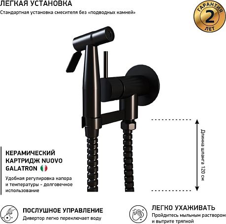 Смеcитель ISOLA ISPZ442 с гигиеническим душем круглый, латунь, чёрный матовый PVD ~