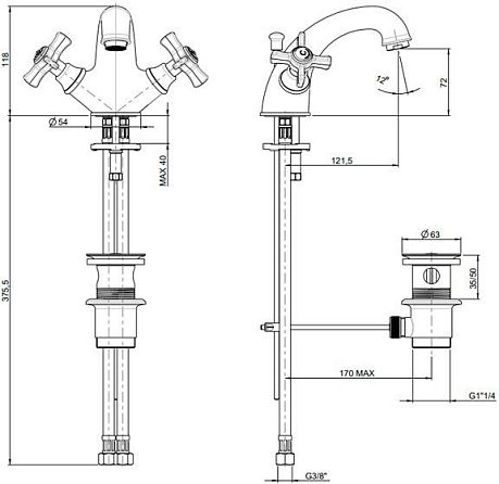 Смеситель MUSA для умывальника (23065) (донный клапан, подводка 3/8"), бронза