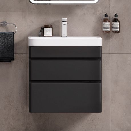 Тумба EQUIL ELTORO 60 подвесная, черная Soft touch с умывальником NICE 60