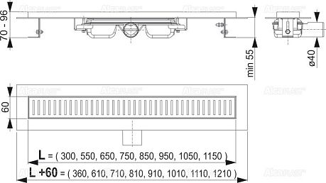 Трап ЛОУ 650 мм с порогами, для перфорированной решётки, гор. сток (APZ101-650)d40