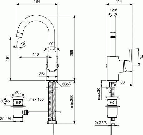 Смеситель VITO B0410AA для умывальника R-излив (донный клапан, гибкая подводка 3/8"), хром