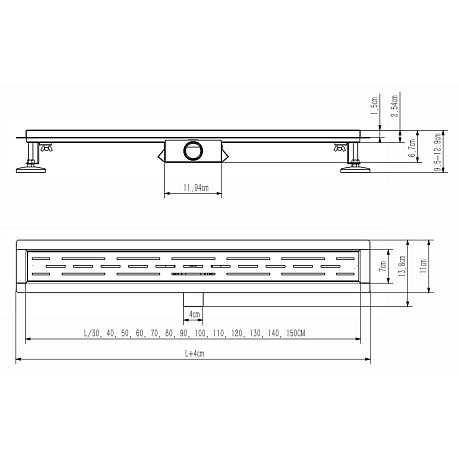 Лоток душевой AZARIO 700 мм металлическая перфорированная решетка, металлический желоб, AZT2FT01700*