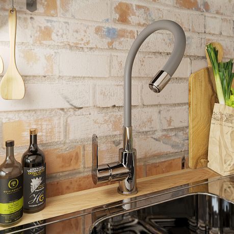 Смеситель KITCHEN для кухни с высоким гибким изливом AV9002G, серый AVRORA