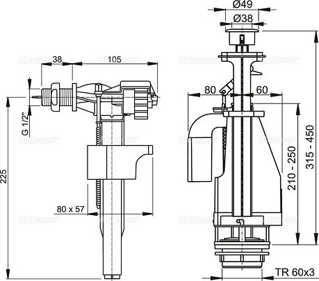 Сливной и наливной механизм SA08ASK двойная кнопка, нижний подвод 1/2 (A18+A08), Alca Plast