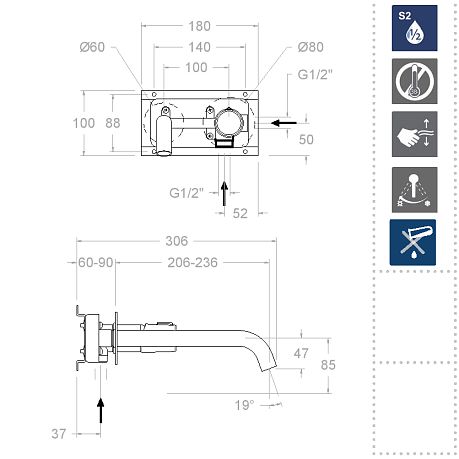 Смеситель TZAR 342103NC для умывальника встраиваемый. никель
