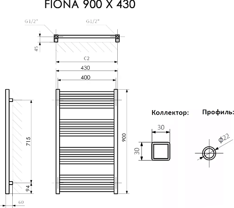 Полотенцесушитель FIONA [90*43] электр чёрный, блок управ KTX4 скрытое под, нагрев-ль SPLIT 300W*