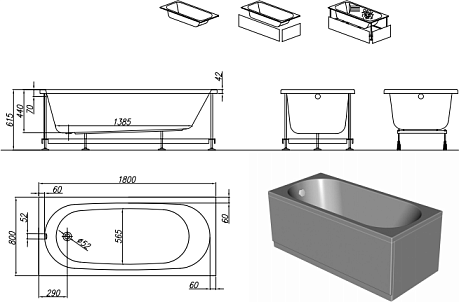 Ванна TAMIA [180*80] фронтальная панель+крепления, каркас*