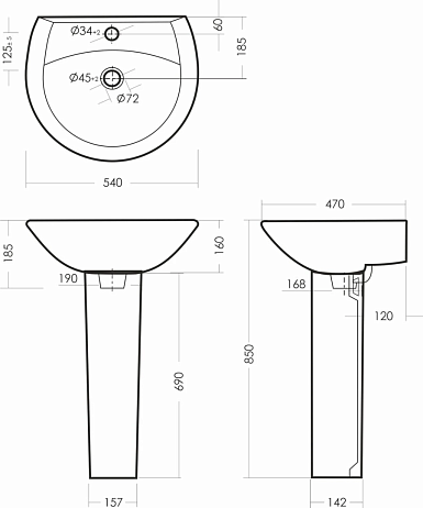 Умывальник АТТИКА 55 с пьедесталом и креплениями, Sanita*