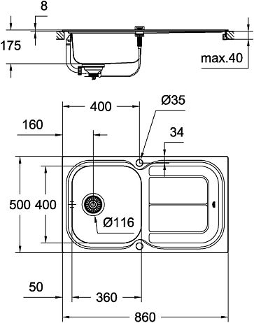 Мойка K300 45-S 86*50 мм нерж (клапан-автомат, сливной гарнитур, вентиь, монтажн. набор) 31563SD0