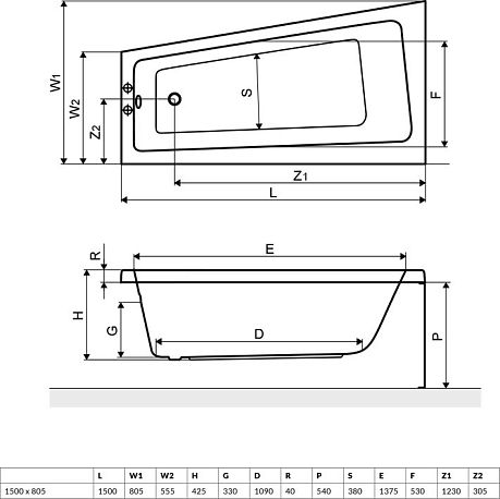 Ванна AVA COMFORT [150*80] левая, фронтальная панель, каркас,  слив-перелив *