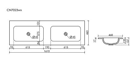 Умывальник GRACE CN7023wx накладной прямоугольный [1610x457x137]*