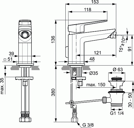 Смеситель TONIC II для биде А6336АА ( гибкая подводка 3/8, донный клапан), хром
