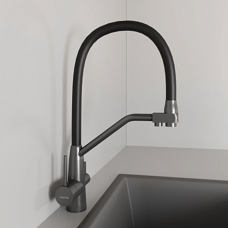 Смеситель KITCHEN для кухни с высоким гибким изливом AV9006GM, графит AVRORA
