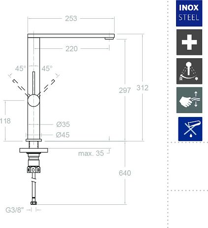 Смеситель KITCHEN INOX 3886 для кухни из нержавеющей стали глянец хр*