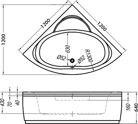 Ванна ROYAL [120*120] Basis, фронтальная панель, слив-перелив*