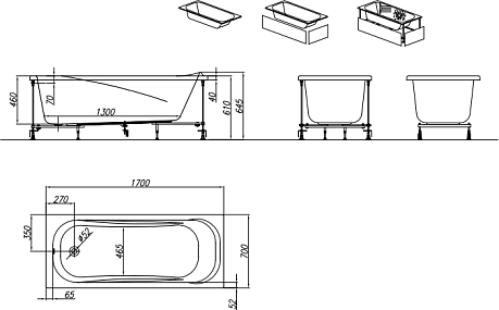 Ванна STRING [170*70] BASIS, каркас, слив-перелив А55К-65